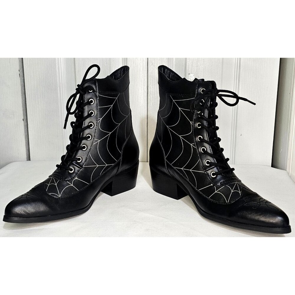 Black Victorian 8-Eye Spiderweb Pointed Anarchic Heel Boots Witch Spider Booties - Picture 6 of 11